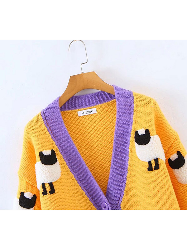 Ženski modni džemper s v-izrezom s jednim kopčanjem i dugim rukavima, ženski kawaii džemper s printom ovaca, kardigani