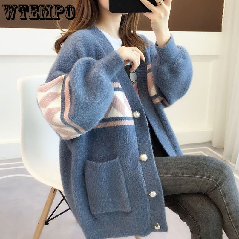 Ženski labavi kardigan velike veličine koji se ne skuplja, jakna od šenile i nerca, pletena jakna s lanternastim rukavima, ležerna majica za jesen i zimu