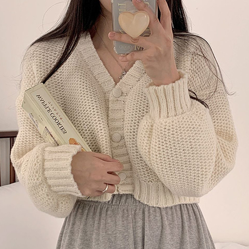 Laisvas megztinis, moteriškas korėjietiškos mados laisvalaikio vienspalvis mezginys, moteriškas megztinis su V kaklu ilgomis rankovėmis, vienaeilis apkarpytas viršutinis moteriškas