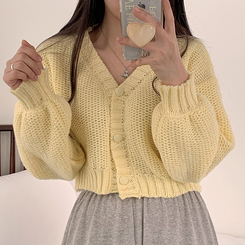 Laisvas megztinis, moteriškas korėjietiškos mados laisvalaikio vienspalvis mezginys, moteriškas megztinis su V kaklu ilgomis rankovėmis, vienaeilis apkarpytas viršutinis moteriškas