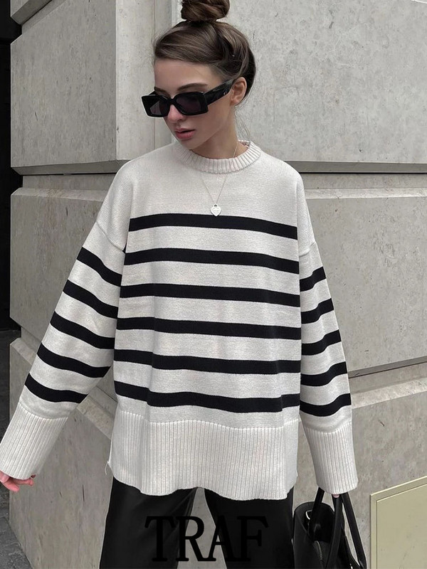 TRAF 2023 Ženski jesenski pulover, modni prugasti pulover s printom, pleteni pulover s dugim rukavima i O-izrezom, široki kauzalni pulover s pletenim vrhovima