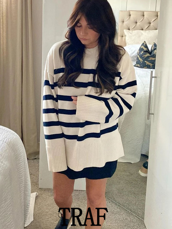 TRAF 2023 Ženski jesenski pulover, modni prugasti pulover s printom, pleteni pulover s dugim rukavima i O-izrezom, široki kauzalni pulover s pletenim vrhovima