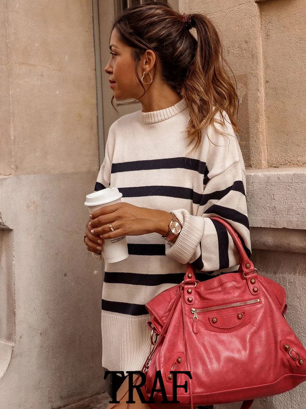 TRAF 2023 Ženski jesenski pulover, modni prugasti pulover s printom, pleteni pulover s dugim rukavima i O-izrezom, široki kauzalni pulover s pletenim vrhovima