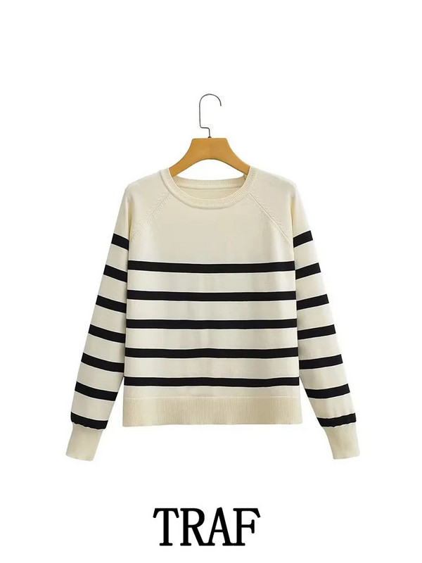 TRAF 2023 Ženski jesenski pulover, modni prugasti pulover s printom, pleteni pulover s dugim rukavima i O-izrezom, široki kauzalni pulover s pletenim vrhovima