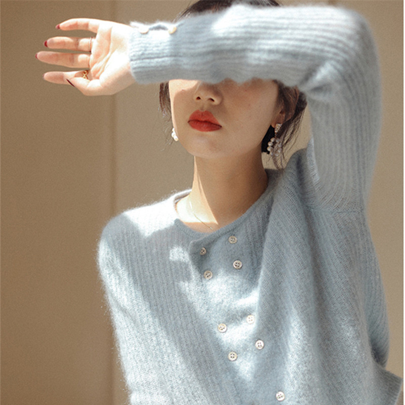 Limiguyue Pleteni kardigani s dvostrukim kopčanjem Plavi ženski gornji dijelovi Ležerni džemperi s O-izrezom Francuska jesen zima Meka široka gornja odjeća