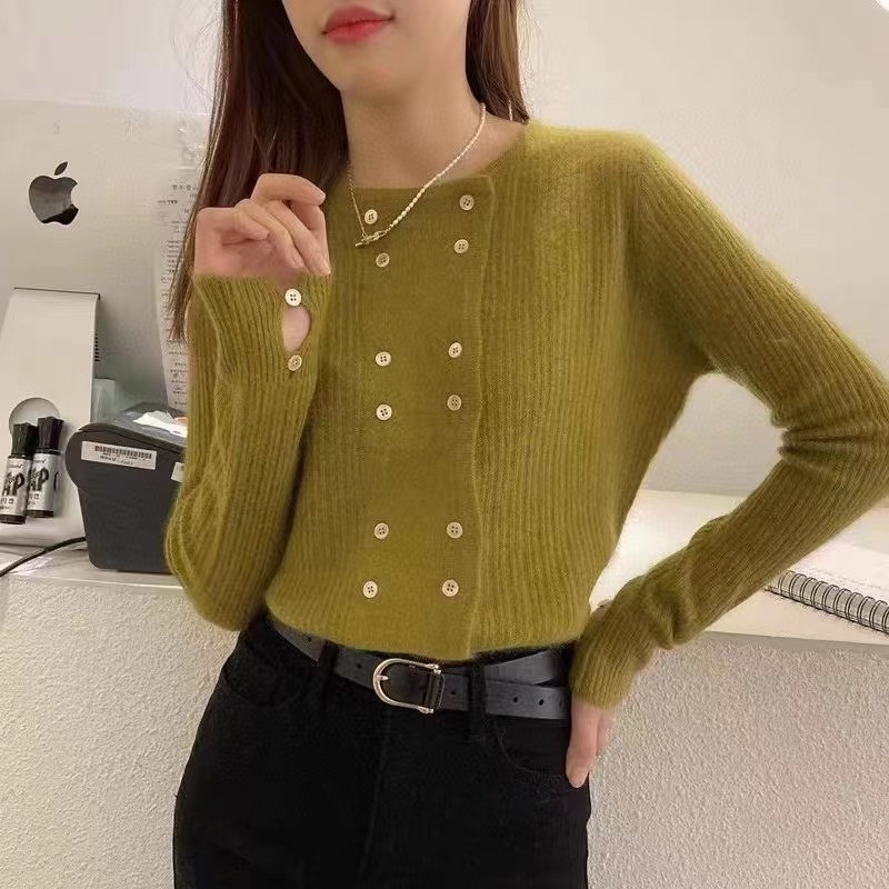 Limiguyue Pleteni kardigani s dvostrukim kopčanjem Plavi ženski gornji dijelovi Ležerni džemperi s O-izrezom Francuska jesen zima Meka široka gornja odjeća