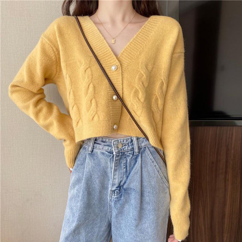 Lucyever Elegantna košulja Kardigani Džemper Ženski novi jesen 2023. V izrez Pleteni džemperi Jednobojni uski kardigan dugih rukava