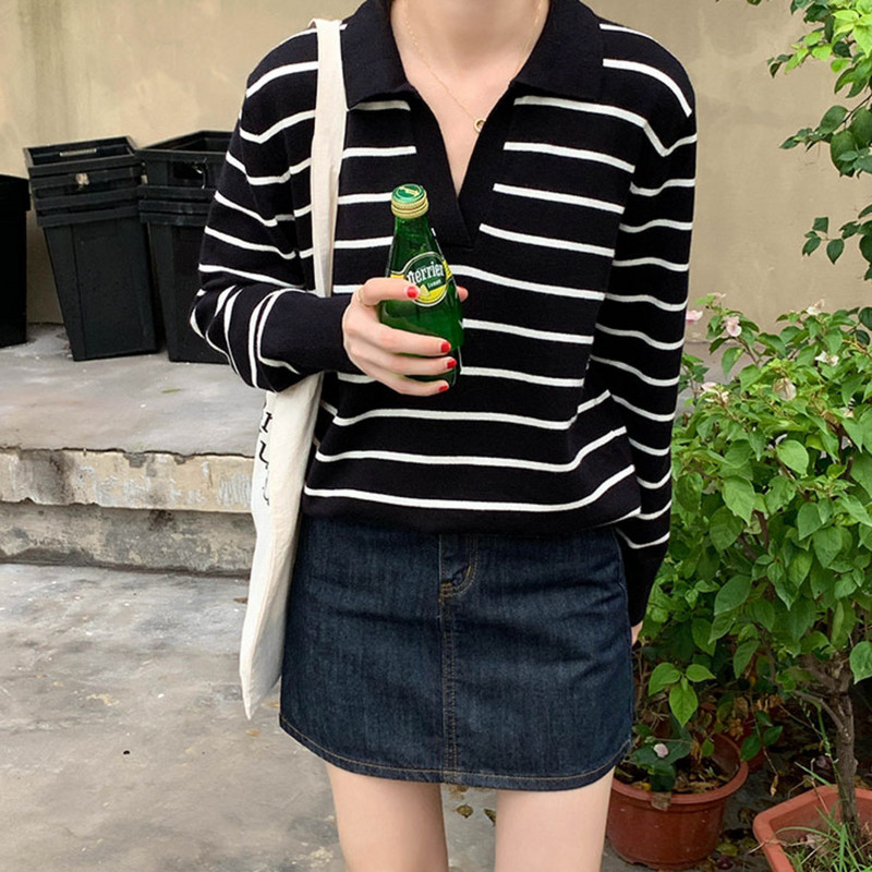 Mooirue proljetni ženski pulover s polo ovratnikom s prugama na revere, uski kroj, jesen, zima, ležeran džemper dugih rukava