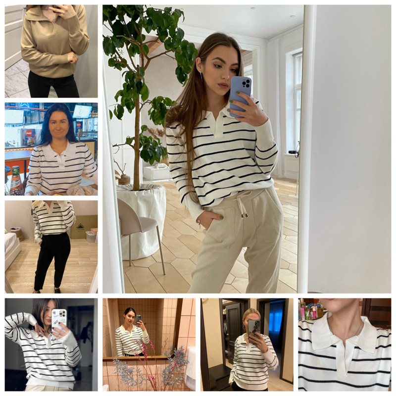 Mooirue proljetni ženski pulover s polo ovratnikom s prugama na revere, uski kroj, jesen, zima, ležeran džemper dugih rukava