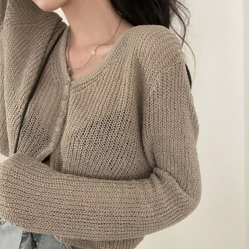 Korejski modni ljetni pleteni kardigan Ženski jednobojni v-izrez dugih rukava prozirne tanke jakne za zaštitu od sunca