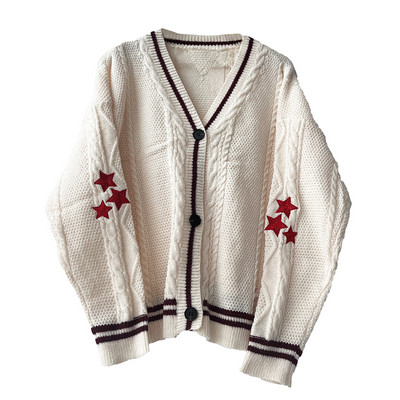 Jesen Zima 2023., novi ženski džemper s V izrezom i zvjezdicama s vezom, ležerni jednobojni pleteni kardigan dugih rukava