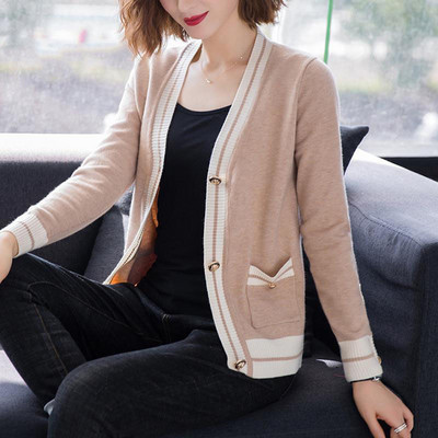 Proljetni i jesenski kardigan Ženski novi ženski proljetni pulover s V-izrezom i dugim rukavima koji se slaže s džemperom