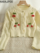 Τρισδιάστατο Cherry πουλόβερ Harajpoo με καρό μακρυμάνικο O λαιμό πλεκτή ζακέτα 2022 Φθινόπωρο Νέες Cropped Γυναικείες ζακέτες