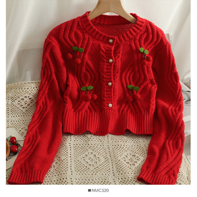 Τρισδιάστατο Cherry πουλόβερ Harajpoo με καρό μακρυμάνικο O λαιμό πλεκτή ζακέτα 2022 Φθινόπωρο Νέες Cropped Γυναικείες ζακέτες