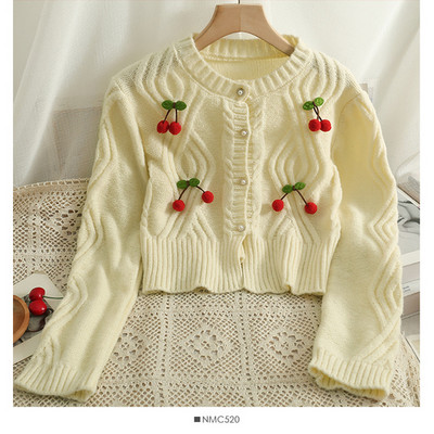 Τρισδιάστατο Cherry πουλόβερ Harajpoo με καρό μακρυμάνικο O λαιμό πλεκτή ζακέτα 2022 Φθινόπωρο Νέες Cropped Γυναικείες ζακέτες