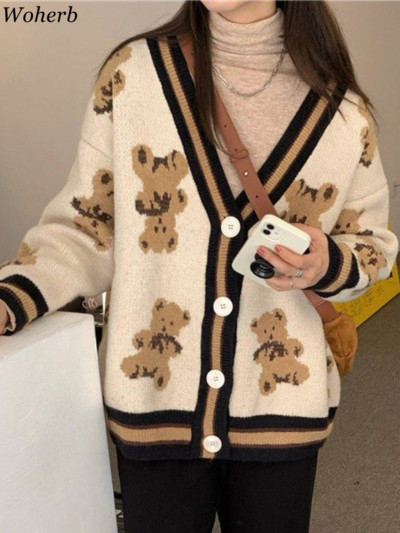 Woherb Jesen Ženski pleteni pulover Bear Cardigan Slatke majice Korejska japanska modna heklana majica Harajuku Loose Casyal Kardigany