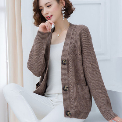 Õhuke kootud kampsun kardigan mantel Naiste Korea vabaaja kudumid jakid New Mom V-kaelusega Malhas Gilet Elegantne üherealine Casaco