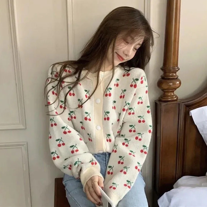 Džemperi u japanskom stilu Kaput Ženski jesenski 2023. Pleteni kardigani s printom trešnje za žene Vintage široki kardigan s jednim kopčanjem