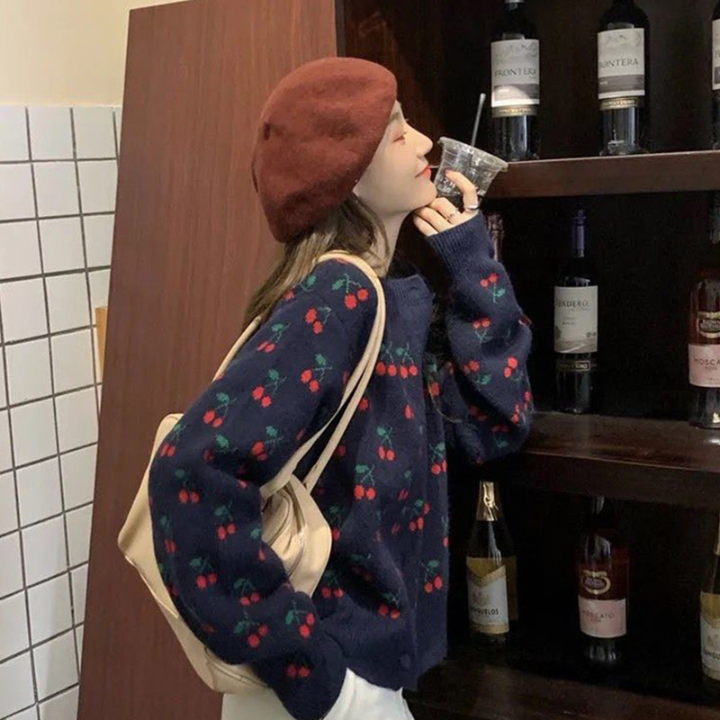 Džemperi u japanskom stilu Kaput Ženski jesenski 2023. Pleteni kardigani s printom trešnje za žene Vintage široki kardigan s jednim kopčanjem