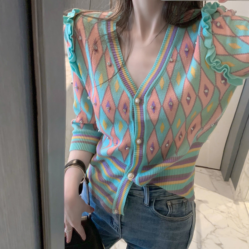 Pleteni ženski veste kratkih rukava Proljeće ljeto 2023. Nove kratke majice s V-izrezom Argyle Modne tanke ženske jakne