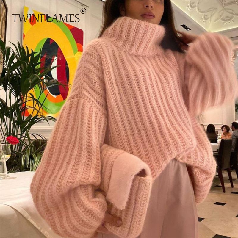 TWINFLAMES Πλεκτά πουλόβερ με ζιβάγκο Γυναικεία φθινοπωρινό χειμώνα Ζεστά υπερμεγέθη χνουδωτά πουλόβερ Γυναικεία μακρυμάνικα πουλόβερ Γυναικεία μπλουζάκια