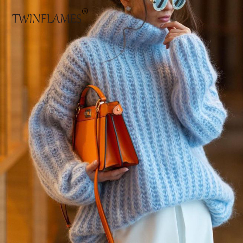 TWINFLAMES Πλεκτά πουλόβερ με ζιβάγκο Γυναικεία φθινοπωρινό χειμώνα Ζεστά υπερμεγέθη χνουδωτά πουλόβερ Γυναικεία μακρυμάνικα πουλόβερ Γυναικεία μπλουζάκια
