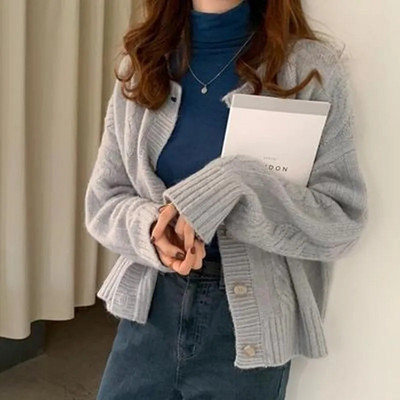 Ženski džemperi Korejska moda Ležerna jesen zima Debeli kardigan s dugim rukavima O izreza Jednobojni pleteni topovi Široka gornja odjeća Femme
