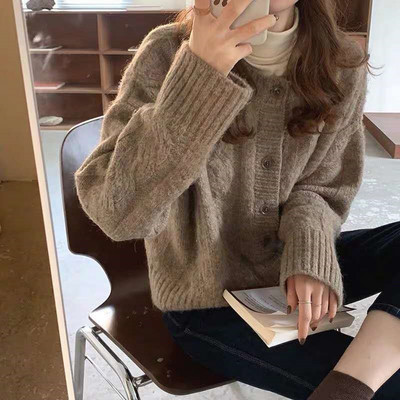 Ženski džemperi Korejska moda Ležerna jesen zima Debeli kardigan s dugim rukavima O izreza Jednobojni pleteni topovi Široka gornja odjeća Femme