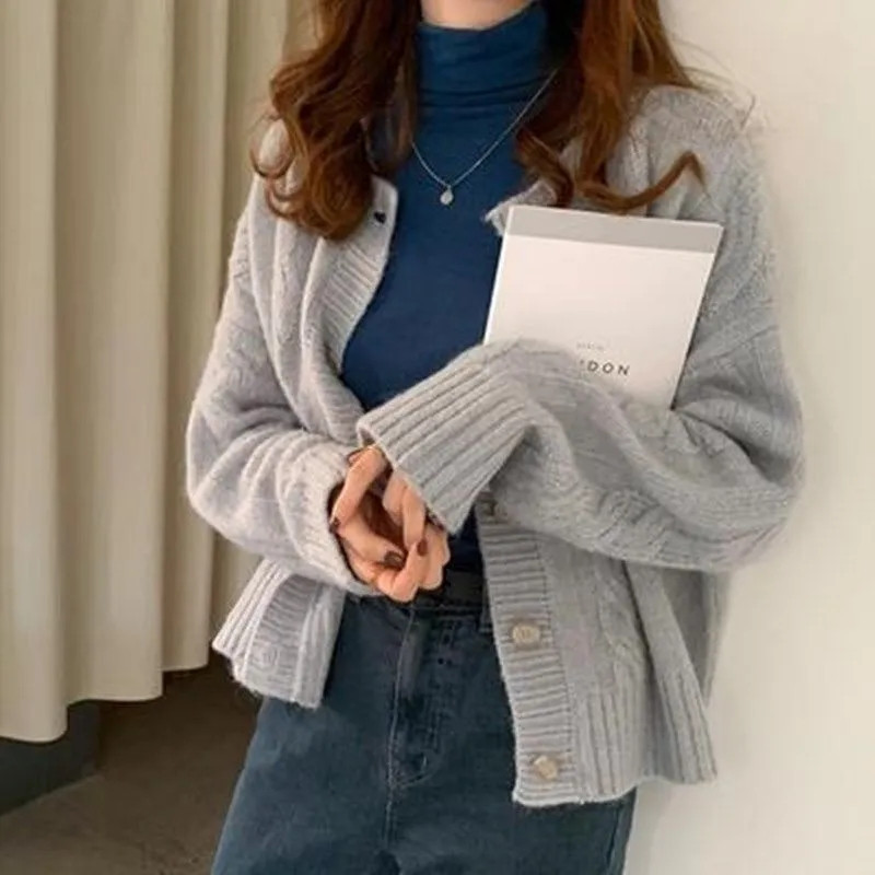 Ženski džemperi Korejska moda Ležerna jesen zima Debeli kardigan s dugim rukavima O izreza Jednobojni pleteni topovi Široka gornja odjeća Femme