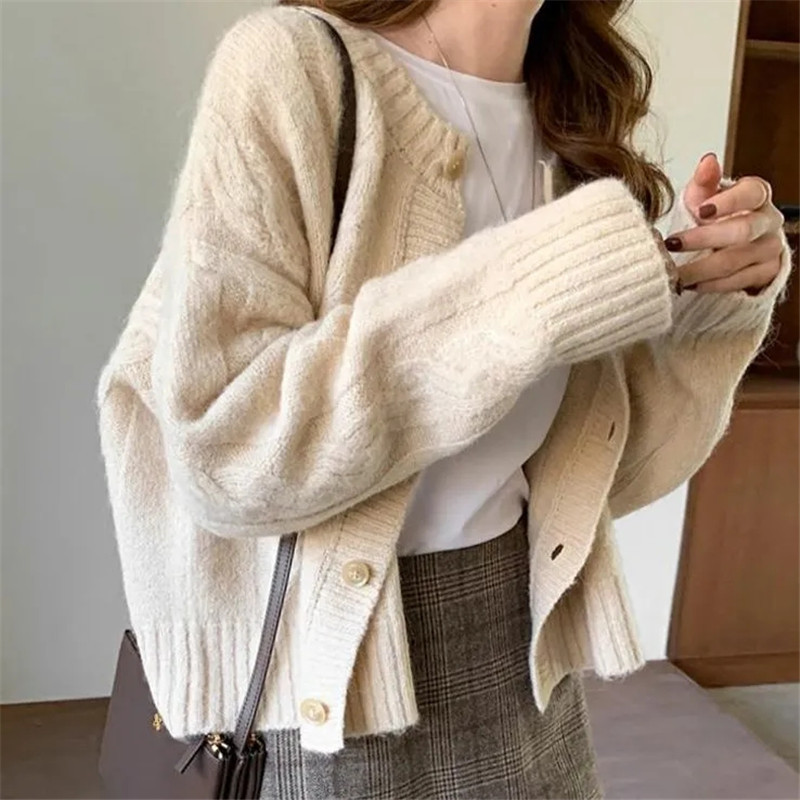 Ženski džemperi Korejska moda Ležerna jesen zima Debeli kardigan s dugim rukavima O izreza Jednobojni pleteni topovi Široka gornja odjeća Femme