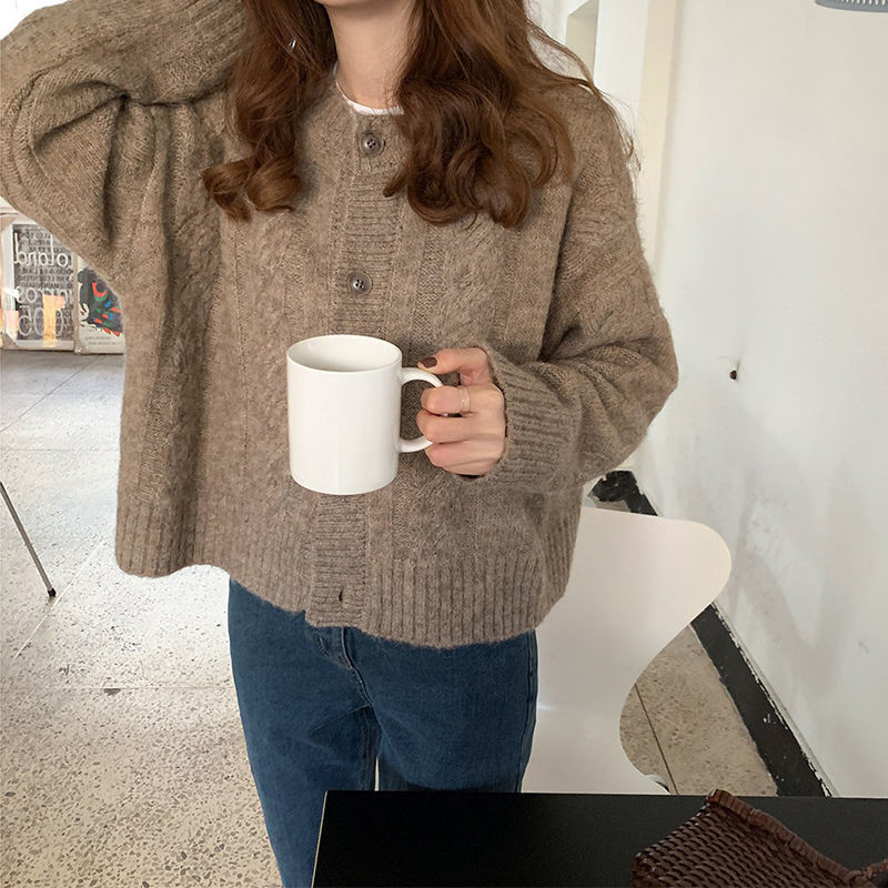 Ženski džemperi Korejska moda Ležerna jesen zima Debeli kardigan s dugim rukavima O izreza Jednobojni pleteni topovi Široka gornja odjeća Femme