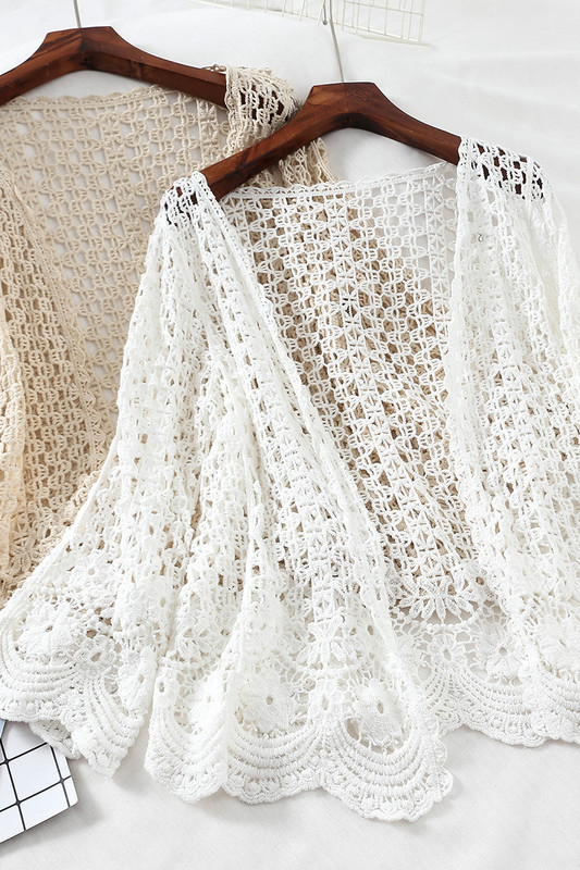 Otvoreni čipkani kardigan, heklani, izdubljeni, slegnuti ramenima, ženski, ležerni, otvoreni bod s bijelim cvjetovima, ženski pulover široke pletene odjeće