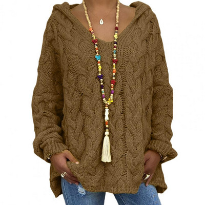 Με κουκούλα V-λαιμόκοψη μακρυμάνικο πλεκτό πλεκτό φθινοπωρινό χειμωνιάτικο μονόχρωμο φαρδύ πουλόβερ πουλόβερ γυναικεία ρούχα