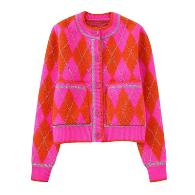 Zevity New Women Fashion Μεταλλικό βελονάκι Γεωμετρικό κοντό πλεκτό πουλόβερ Γυναικείο κομψό τσέπες Patch παλτό ζακέτα τοπ CT3235