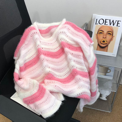 OCEANLOVE Sweet Pull Femme Puloveri na pruge široki Jesen Zima Kontrastne boje Ženski džemperi Vintage korejski Kawaii puloveri široki