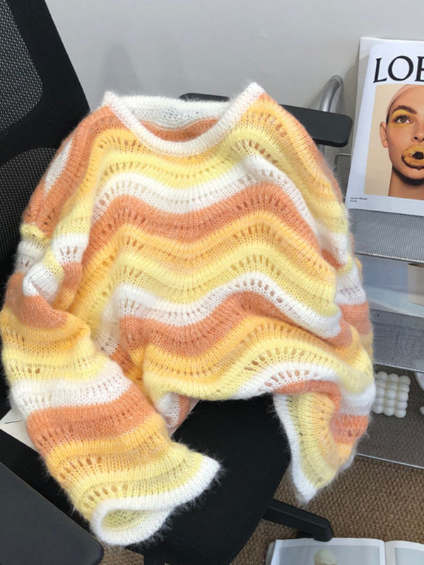 OCEANLOVE Sweet Pull Femme Puloveri na pruge široki Jesen Zima Kontrastne boje Ženski džemperi Vintage korejski Kawaii puloveri široki