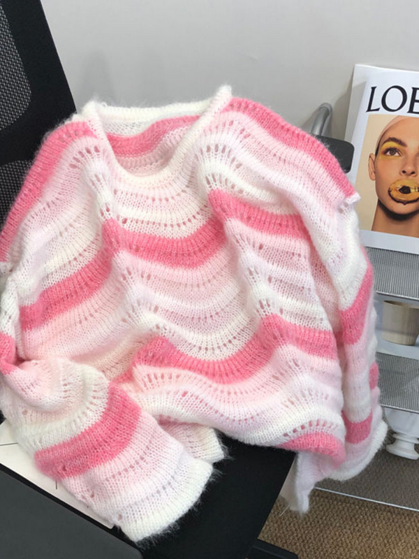 OCEANLOVE Sweet Pull Femme Puloveri na pruge široki Jesen Zima Kontrastne boje Ženski džemperi Vintage korejski Kawaii puloveri široki