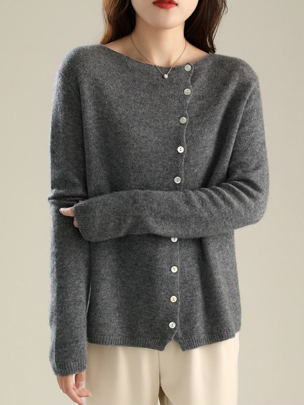 Ženski kardigan s asimetričnim gumbima TuangBiang, jesen 2023., proljetni flis džemper s O-izrezom, pamučne bež pletene majice s jednim kopčanjem