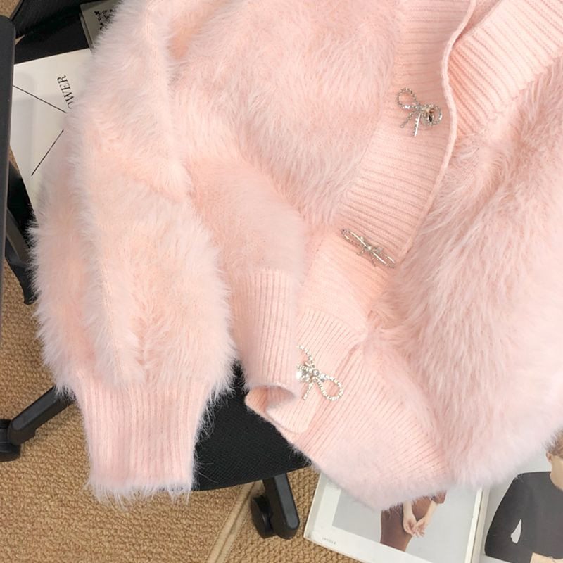 Πλεκτή ζακέτα πουλόβερ ροζ βιζόν πουλόβερ παλτό γυναικεία ζακέτα φθινόπωρο παχύρρευστη νέα χαλαρή V λαιμόκοψη σε σχέδιο cropped ζακέτα