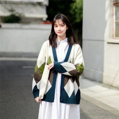 Argyle kardigan, ženski pleteni džemper, široki studentski v-izrez s jednim kopčanjem, ljupka pletenina, korejski preveliki kardigan, zimske majice