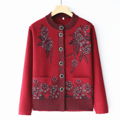 Ženski pulover Sredovječna mama Nosi okrugli izrez Jednoredno kopčanje Pleteni Ženski džepni kardigan Jakna Proljeće Jesen Džemperi Kaput