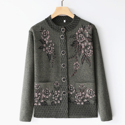 Ženski pulover Sredovječna mama Nosi okrugli izrez Jednoredno kopčanje Pleteni Ženski džepni kardigan Jakna Proljeće Jesen Džemperi Kaput