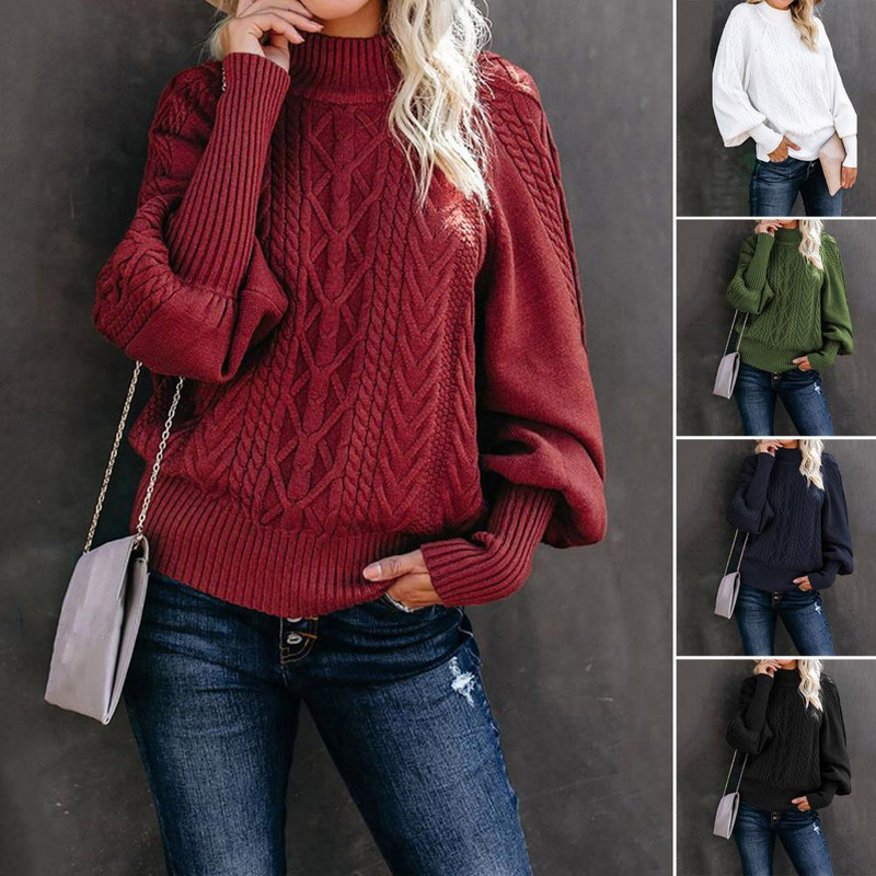 Pleteni pulover Ženski lampion s O-izrezom Džemper s dugim rukavima Jesen Zima Jednobojni široki topli pulover Top Streetwear