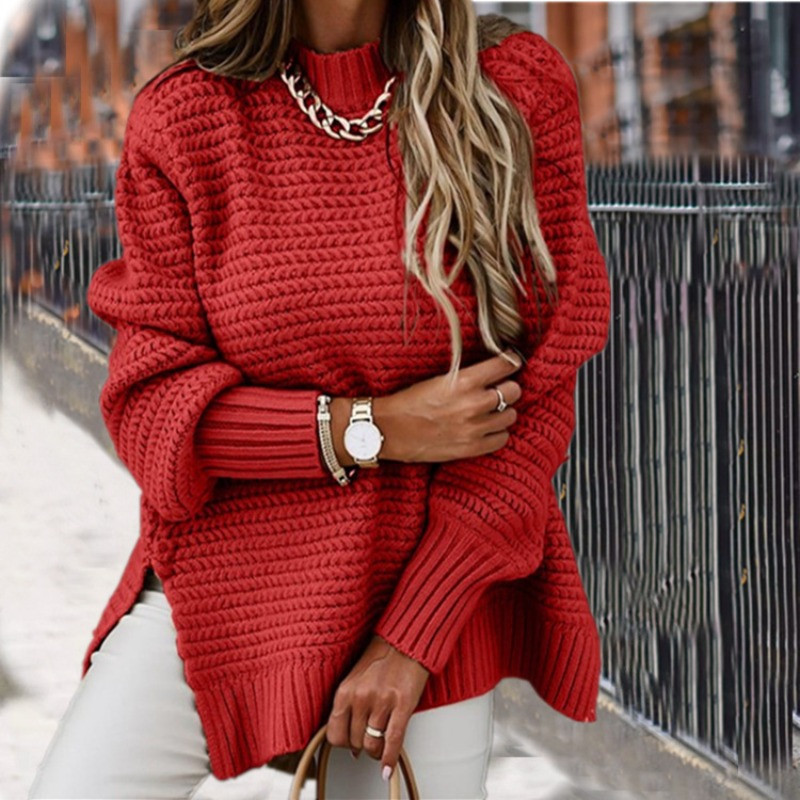 2023 m. naujas moteriškas laisvalaikio trikotažas Europos ir Amerikos moterų mados pusiau aukštu kaklu, vientiso šono megztinis megztinis