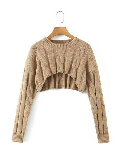 Dvobojni ženski seksi sivi kaki pulover Pleteći džemper kaput Kratki modni seksi divlji O-izrez punih rukava, toplo proljeće jesen 2022.