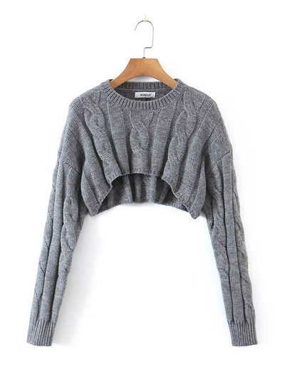 Dvobojni ženski seksi sivi kaki pulover Pleteći džemper kaput Kratki modni seksi divlji O-izrez punih rukava, toplo proljeće jesen 2022.