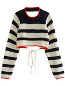 Πλεκτό ριγέ χρώμα αντίθεσης Πουλόβερ χωρίς πλάτη με κορδόνια Γυναικεία πουλόβερ με μακρυμάνικο λαιμόκοψη 2023 Spring Street Chic Crop Top