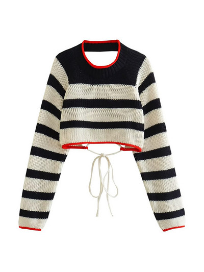 Πλεκτό ριγέ χρώμα αντίθεσης Πουλόβερ χωρίς πλάτη με κορδόνια Γυναικεία πουλόβερ με μακρυμάνικο λαιμόκοψη 2023 Spring Street Chic Crop Top