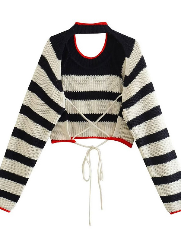 Πλεκτό ριγέ χρώμα αντίθεσης Πουλόβερ χωρίς πλάτη με κορδόνια Γυναικεία πουλόβερ με μακρυμάνικο λαιμόκοψη 2023 Spring Street Chic Crop Top