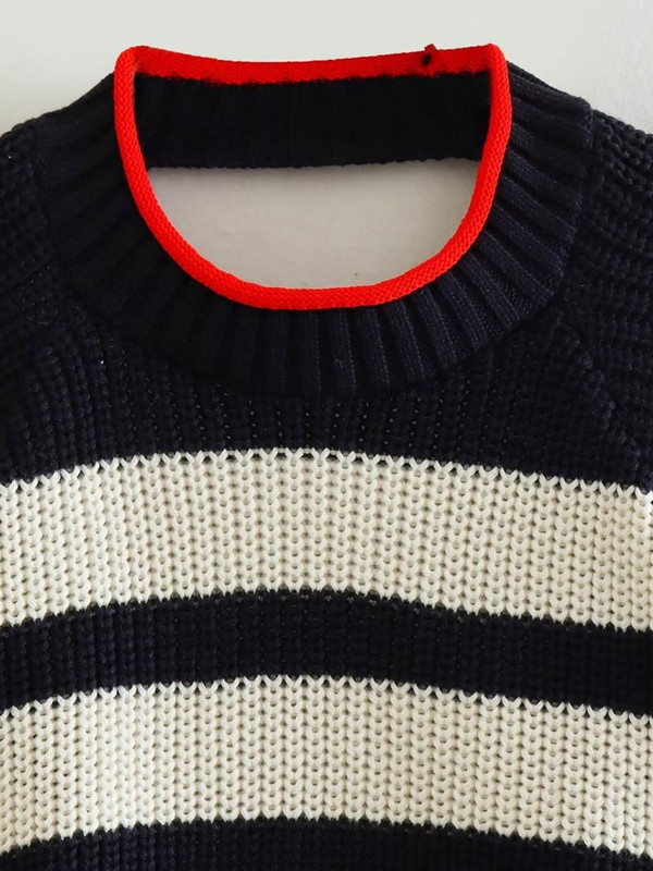 Πλεκτό ριγέ χρώμα αντίθεσης Πουλόβερ χωρίς πλάτη με κορδόνια Γυναικεία πουλόβερ με μακρυμάνικο λαιμόκοψη 2023 Spring Street Chic Crop Top